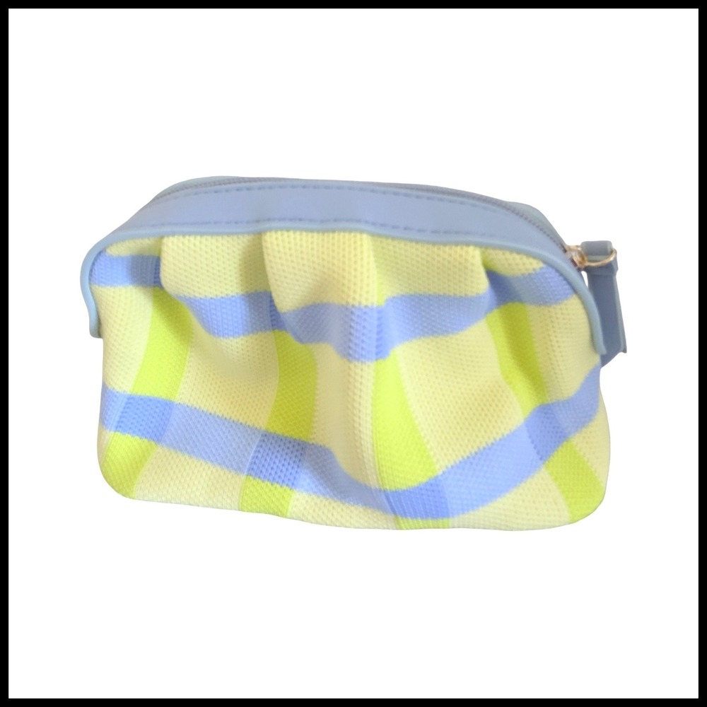 Neiman Marcus Knit Plaid Cosmetic Bag Blue Yellow Green Zip Pouch New